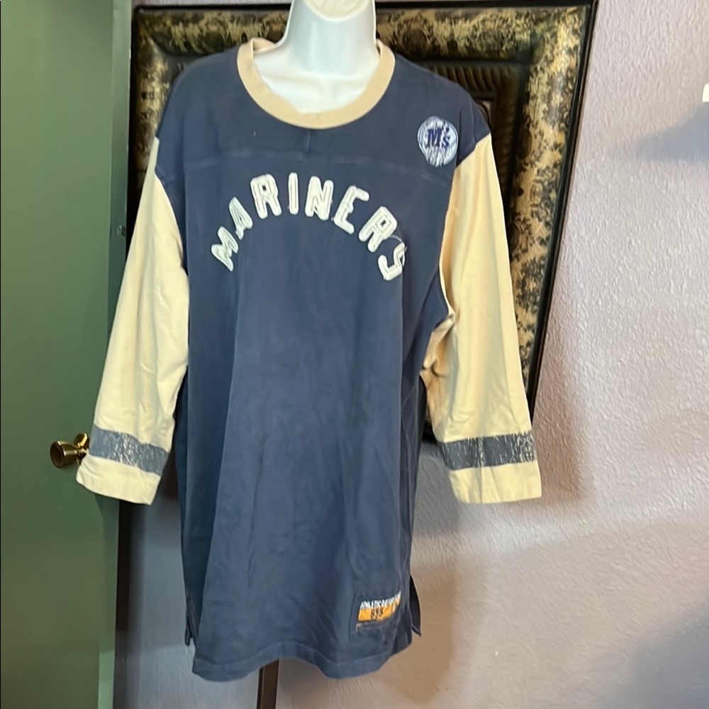 Nike Tee/Jersey Blue and Cream Mariners with Three-Quarter Sleeves Sz XL men’s
